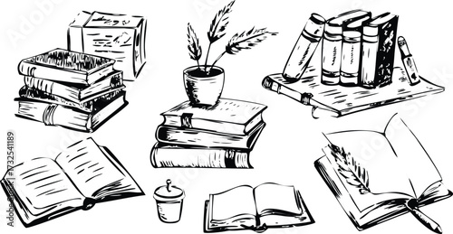 Hand-drawn sketch of books and plants vintage vector illustration for education reading or library concepts