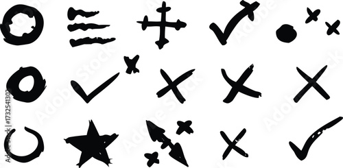 Hand drawn check marks and crosses vector illustration of approval and rejection symbols isolated on white background