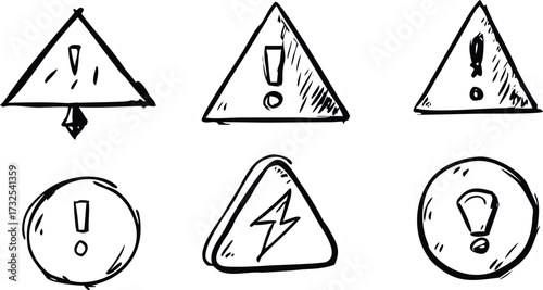 Hand-drawn warning sign icons including exclamation points and lightning bolt vector illustration isolated on white background