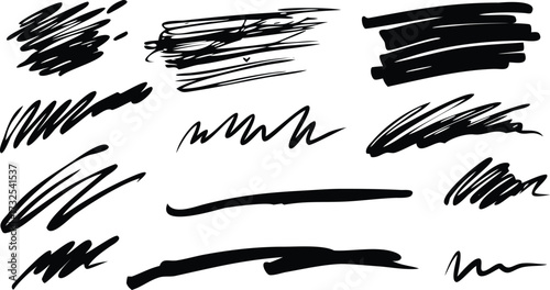 Set of hand-drawn scribble design elements abstract vector strokes and lines isolated on white background