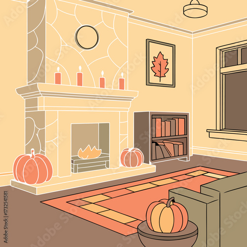 Cozy Autumn Living Room with Fireplace and Pumpkins