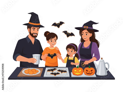 Spooky Delight: A family in witch hats embraces the spirit of Halloween, as they craft a spooky meal in their kitchen. The heartwarming moment captures the essence of the holiday.