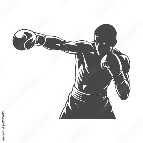 Strong boxer silhouette in fighting stance with gloves vector illustration