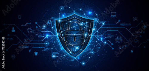 Cyber ​​security concept with shield symbol and lock. Data protection and cyber privacy. Innovative concept of advanced safety technology	