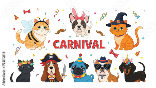 Carnival Animals Gathering: A colorful array of cartoon pets, joyfully decked out in themed costumes and playful accessories, coming together, forming a whimsical and joyful celebration.