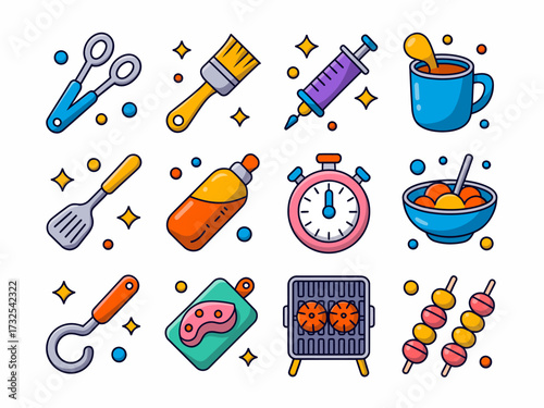 Collection of cartoon kitchen and household themed objects for cooking cleaning and general use represented as isolated vector art