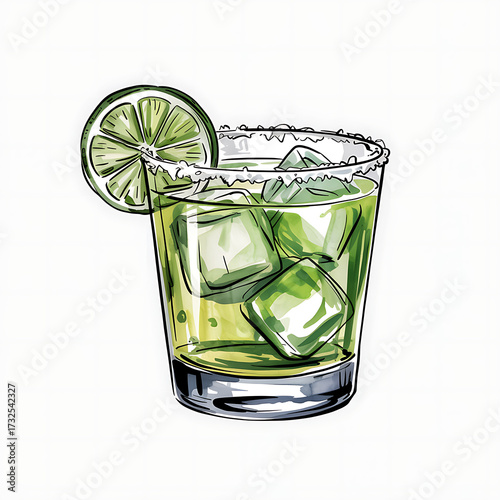Wallpaper Mural Refreshing caipirinha cocktail with lime and ice cubes isolated on white background, hand drawn illustration Torontodigital.ca