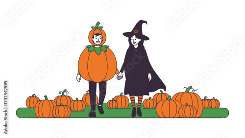 Halloween Couple's Enchanting Stroll: Two figures, one clad in a vibrant pumpkin costume, the other in a classic witch ensemble, embark on a spirited.
