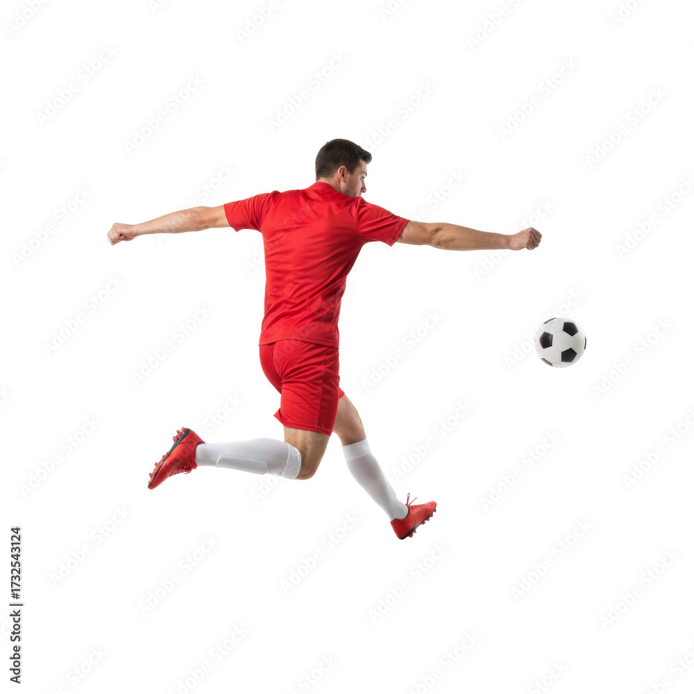 Fototapeta premium Dynamic portrayal of a footballer executing a powerful kick against a serene backdrop