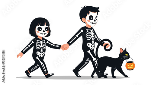 Halloween Trick-or-Treat Adventure: Two children in matching skeleton costumes, embark on their trick-or-treating adventure, a black cat leads the way, carrying a pumpkin lantern.
