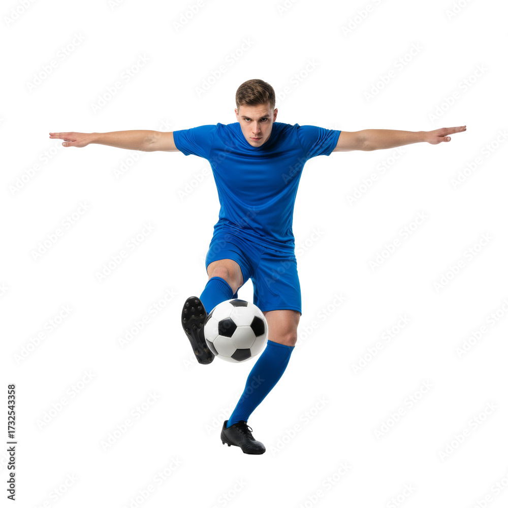 Fototapeta premium Dynamic Soccer Player in Mid-Air Kick with Skillful Control on a Transparent Field