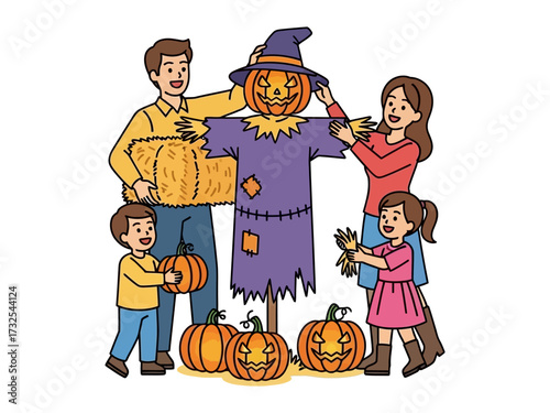 Family's Halloween: A heartwarming scene of a family reveling in the autumnal ambiance, meticulously assembling a scarecrow, surrounded by cheerful pumpkins.
