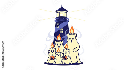 Lighthouse and ghost candles illustration: A whimsical illustration of a lighthouse casts its beam of light, surrounded by spectral candle figures.