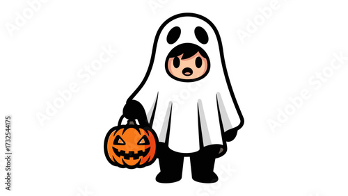 Halloween Ghostly Delight: A child, playfully donned in a ghost costume, gleefully clutches a jack-o'-lantern bucket. The illustration radiates the vibrant spirit of Halloween.