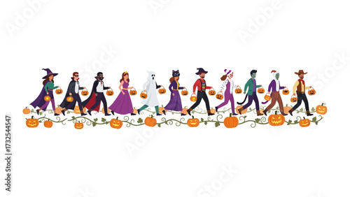 Halloween Costume Parade: A colorful illustration showcases a line of people in diverse costumes, each carrying a jack-o'-lantern, walking forward in a whimsical procession for Halloween celebration.