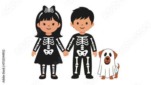 Spooky Halloween Ensemble: A charming illustration portrays a young girl and boy in whimsical skeleton costumes, joined by a friendly ghost-like dog, perfect for a cheerful All Hallows' Eve.