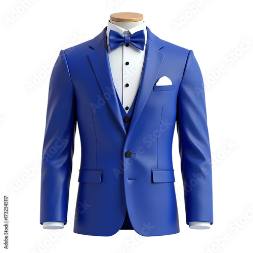 3d Royal Blue tuxedo with a crisp white shirt and bow tie isolated on transparent background