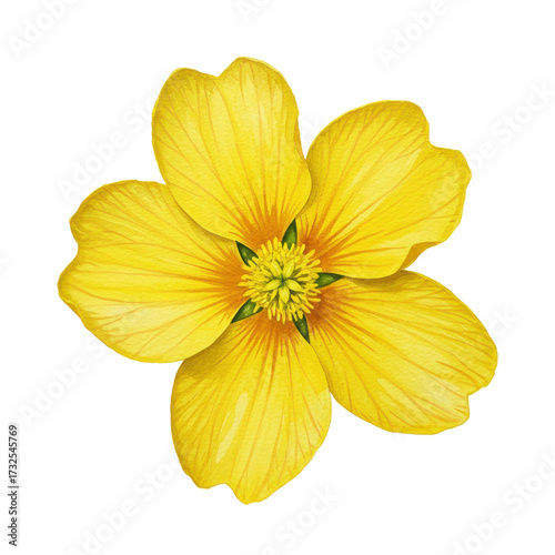 Watercolor depiction of a vibrant yellow flower with detailed petals and green center isolated on white background