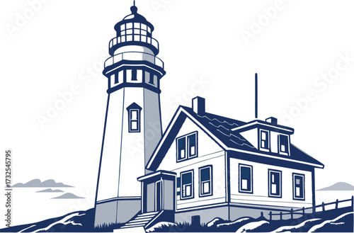 Lighthouse and Keeper's House Vector Illustration