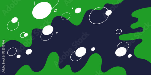 Green abstract background with circle, line and wave motifs.