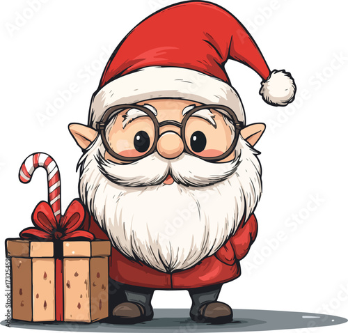 A merry cartoon Santa Claus illustration wearing a red hat and holding a Christmas gift