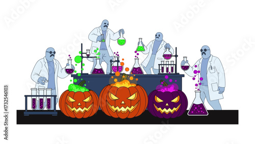 Spooky Science Experiment: A Halloween-themed illustration depicts whimsical mad scientists conducting experiments with glowing pumpkins and colorful lab equipment.