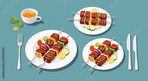 Delicious grilled meat skewers with fresh vegetables and a warm cup of tea served on a blue surface.