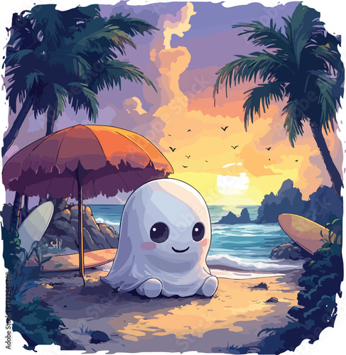 Tropical beach island landscape with palm trees, sand, and ocean water for a summer vacation travel illustration