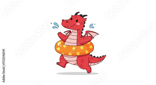 A cute cartoon red dragon wearing a floatie on its belly enjoying a day at the beach.