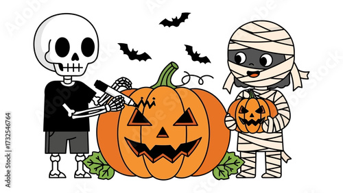 Halloween Duo Carving Pumpkins: A whimsical Halloween scene featuring a skeleton and mummy, joyfully carving a pumpkin for the festive occasion.
