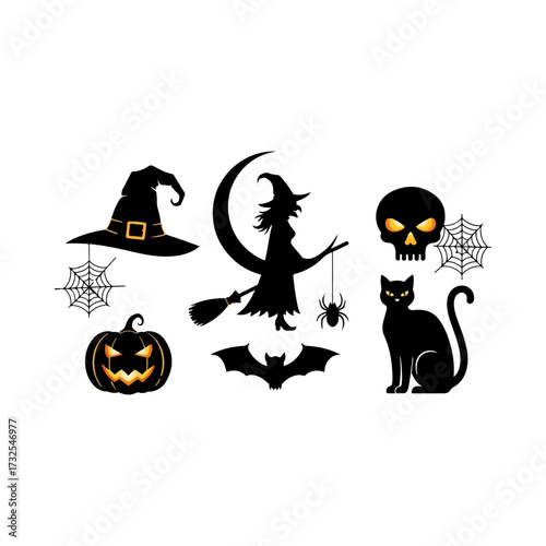 Halloween themed silhouettes of witch hat, pumpkin, and cat.