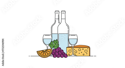Enjoying delicious wine with fresh grapes cheese and citrus fruits.
