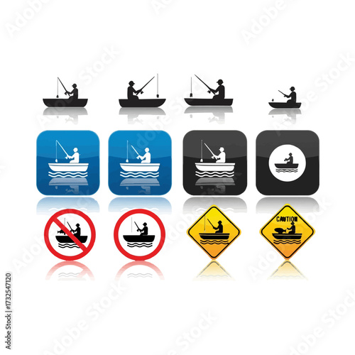 Fishing boat icons and signs for recreational activities.