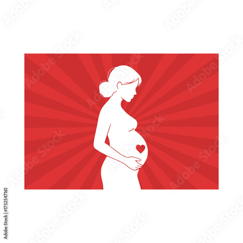 Pregnant woman silhouette with heart symbol on red background.