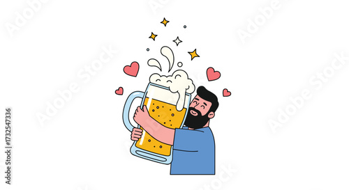 Man happily hugging a large mug of frothy beer with love hearts and sparkling stars.