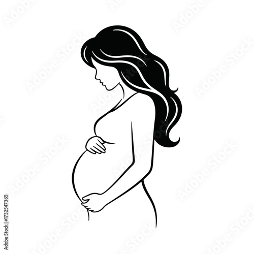 Pregnant woman silhouette with long wavy hair, holding belly.