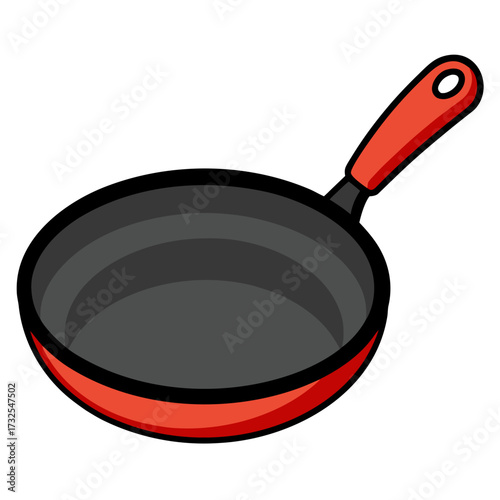 Vibrant red and black skillet cartoon illustration ready for delicious dishes, perfect for cooking blogs, recipe websites, or culinary designs, professionally crafted