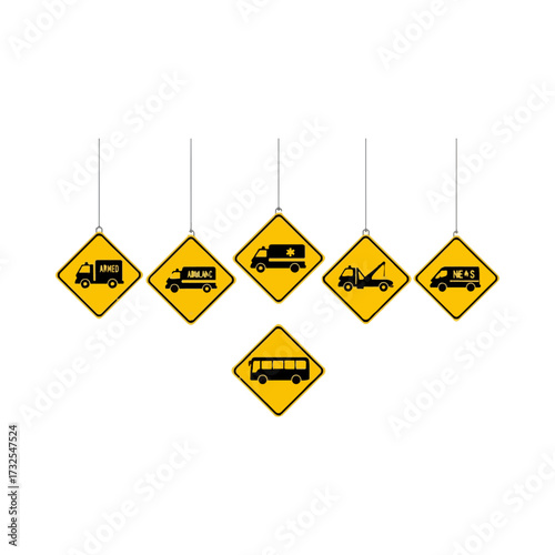 Road signs indicating different types of vehicles for traffic safety.