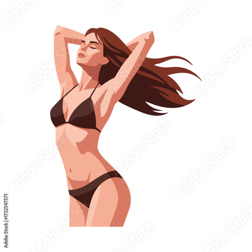 Woman in bikini enjoying the sun with arms raised, feeling relaxed.