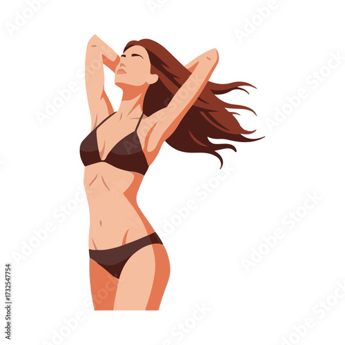 Woman in bikini enjoying the sun with arms raised.