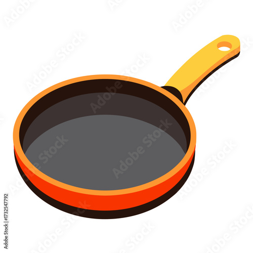 Chef's essential cookware frying pan, vibrant orange trim and yellow handle ready for culinary creations, making delicious meals, perfect for cooking blogs and restaurant branding