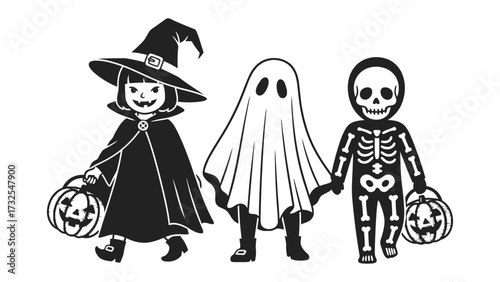 Spooky Squad on Halloween: A cheerful trio of children, each clad in delightful Halloween costumes, ready for a night of trick-or-treating.