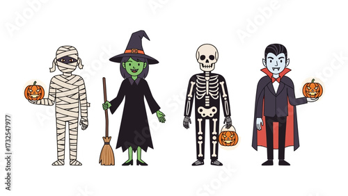 Spooky Halloween Costume Display: A vibrant depiction of Halloween figures, the festive grouping features a mummy, a witch, a skeleton, and a vampire, each ready for trick-or-treating.