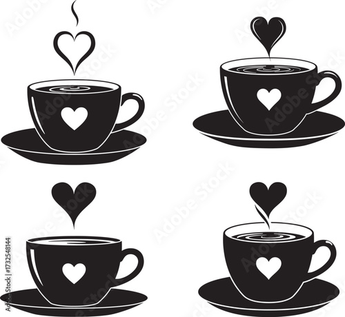 Four coffee cups with hearts silhouette