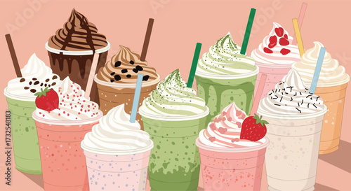 A delightful collection of colorful blended frozen beverages with whipped cream and various toppings.