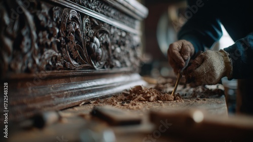Medium shot of technician delicately restoring intricate wood carvings on a historical cabinet main visual emphasis on chisel and wood grain with blurry surrounding workspace.