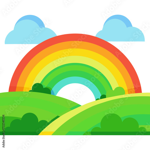 Vibrant rainbow arches over rolling green hills under fluffy blue clouds, evoking hope and natural beauty for a cheerful, optimistic scene
