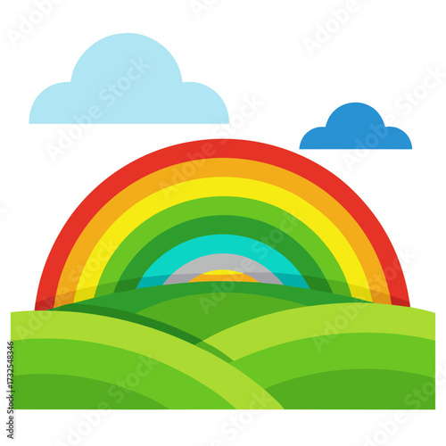 Vibrant rainbow arches over rolling green hills with fluffy clouds, symbolizing hope, nature's beauty, and fresh beginnings for a joyful, optimistic scene.
