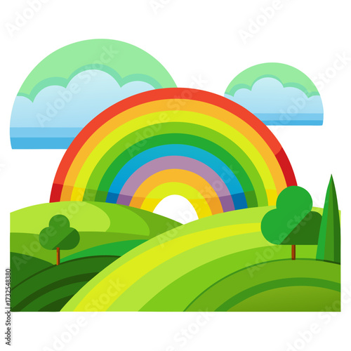 Vibrant rainbow arches over rolling green hills and fluffy clouds, a symbol of hope and new beginnings, perfect for children's themes and optimistic designs.