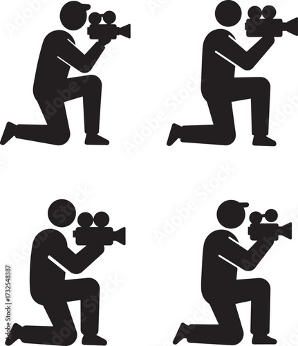 Four kneeling photographer silhouettes holding cameras silhouette